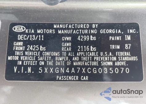 2012 Kia Optima Ex z USA, uszkodzony, nr VIN 5XXGN4A7XCG035070